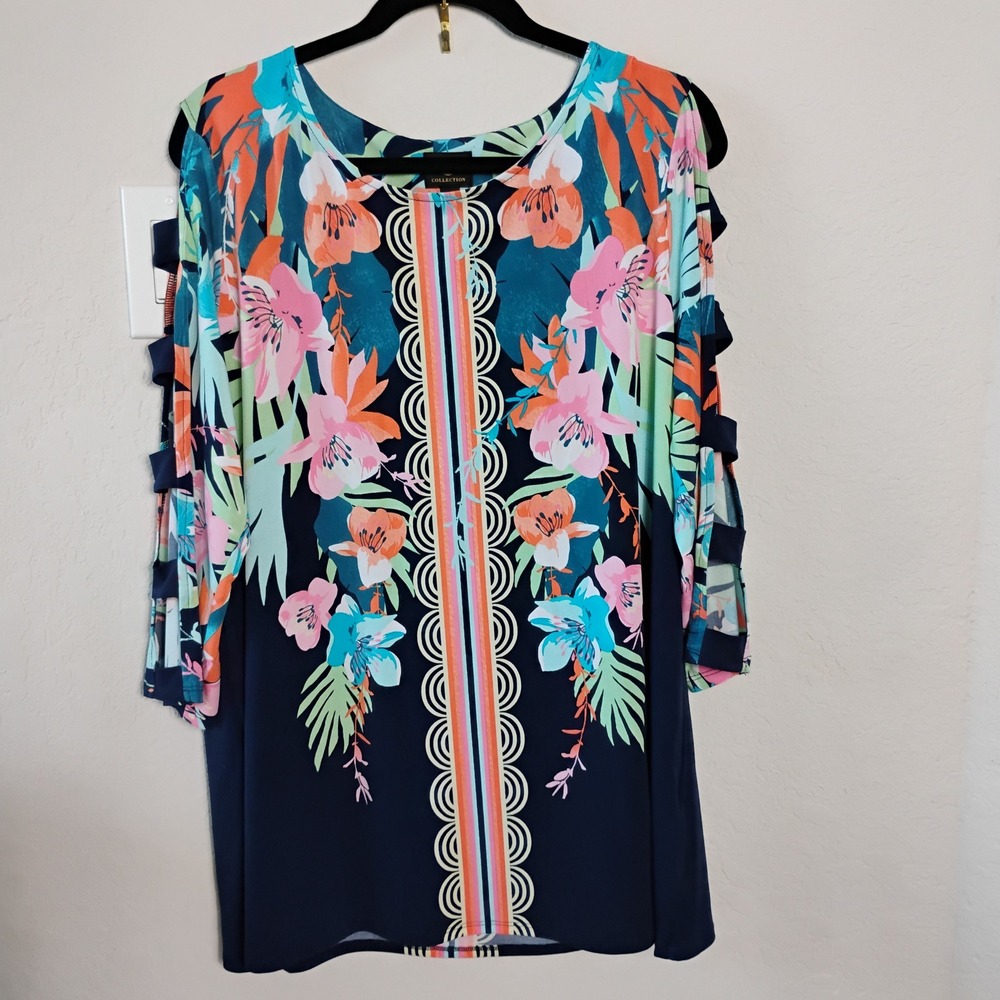 JM Collection Womens XL Navy Blue Tropical Floral Ladder Cutout Sleeve Top